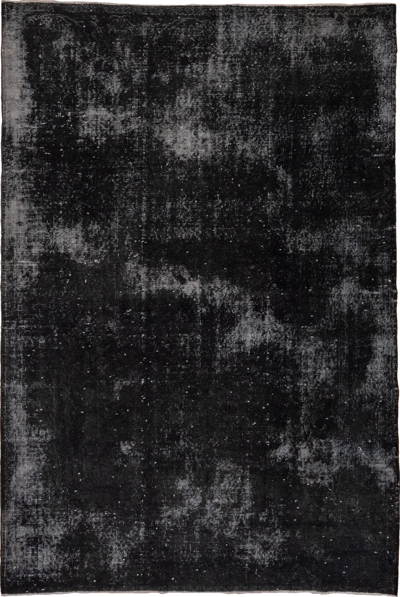 5' x 8' one-of-a-kind handmade vintage Overdyed medium size rug. Color palette: black, blue, charcoal, dark gray, dim gray