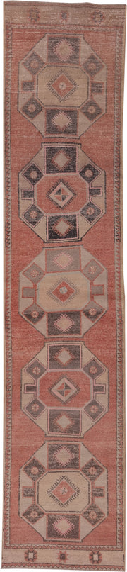 2' x 13' one-of-a-kind handmade vintage Oushak runner rug. Color palette: terra cotta, ivory, taupe, charcoal, rose, brown