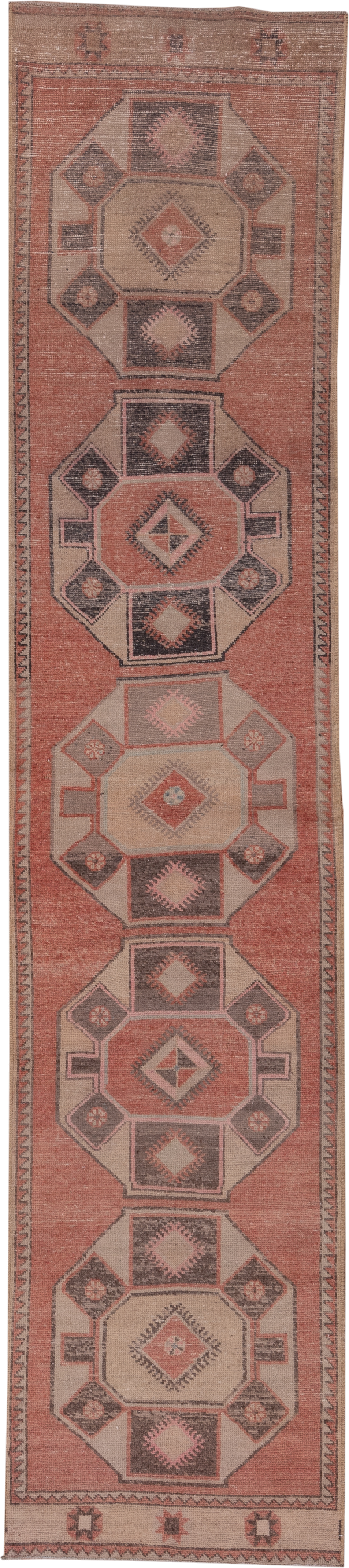 2' x 13' one-of-a-kind handmade vintage Oushak runner rug. Color palette: terra cotta, ivory, taupe, charcoal, rose, brown