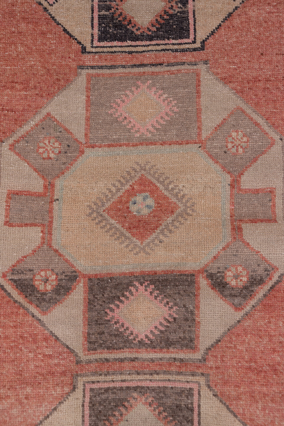2' x 13' one-of-a-kind handmade vintage Oushak runner rug. Color palette: terra cotta, ivory, taupe, charcoal, rose, brown