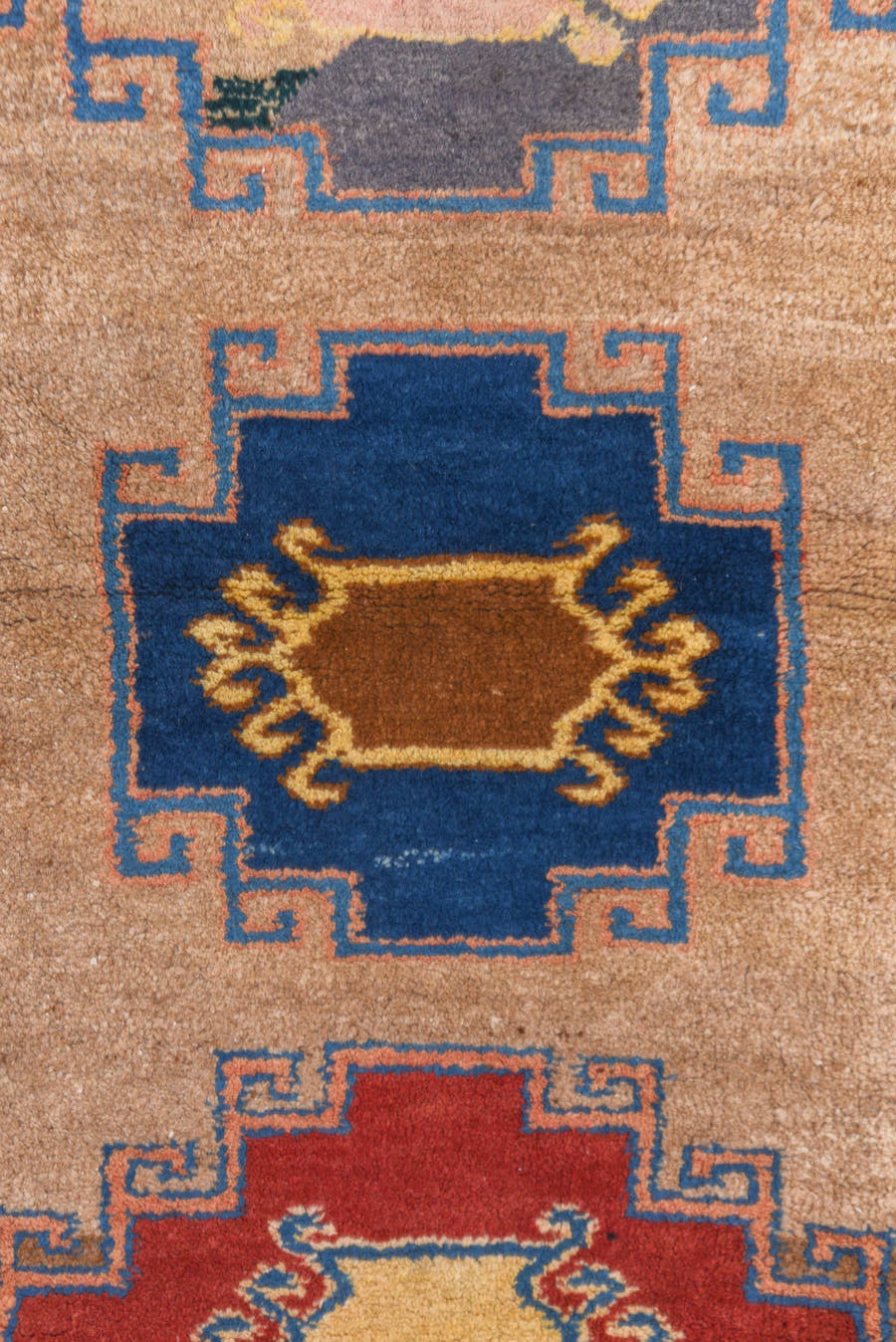 2' x 8' one-of-a-kind handmade antique Gabbe runner rug. Color palette: camel, navy, brown, rust, ivory, blue, blush, taupe