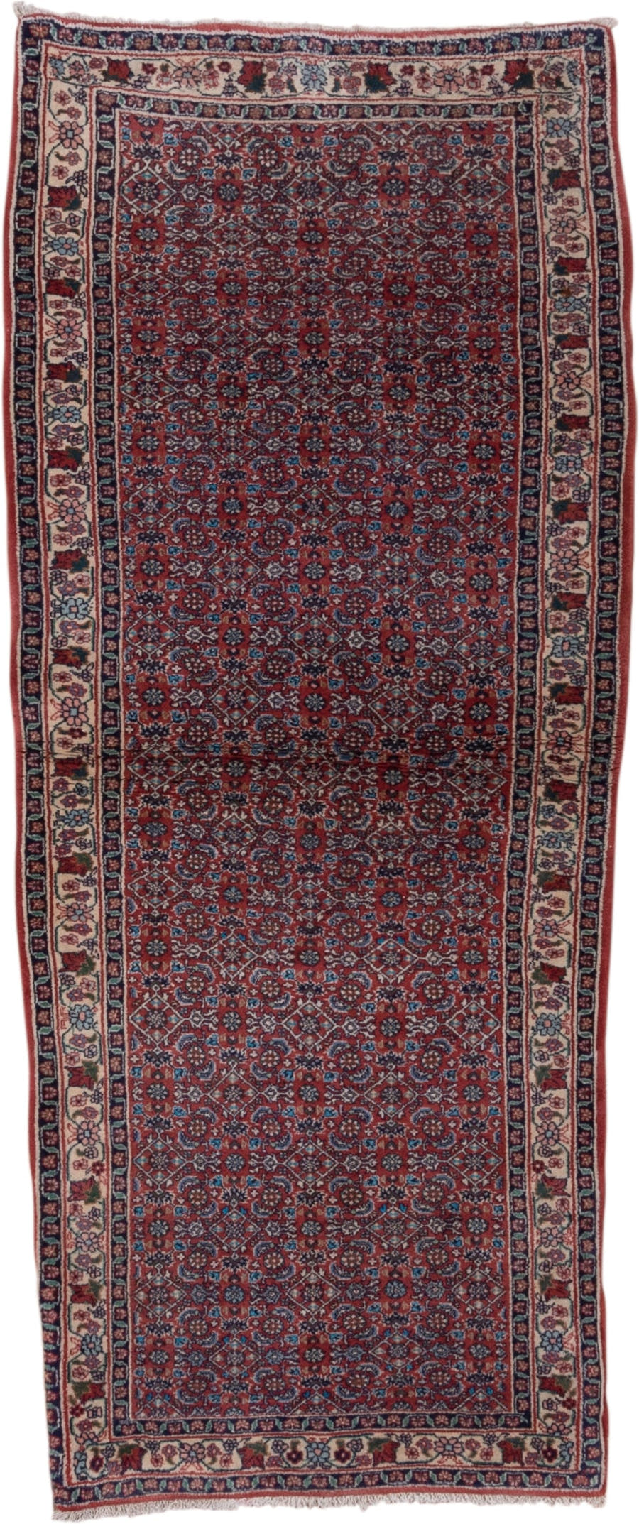 2' x 6' one-of-a-kind handmade vintage Bidjar runner rug. Color palette: rust, navy, ivory, crimson, slate, rose, terracotta