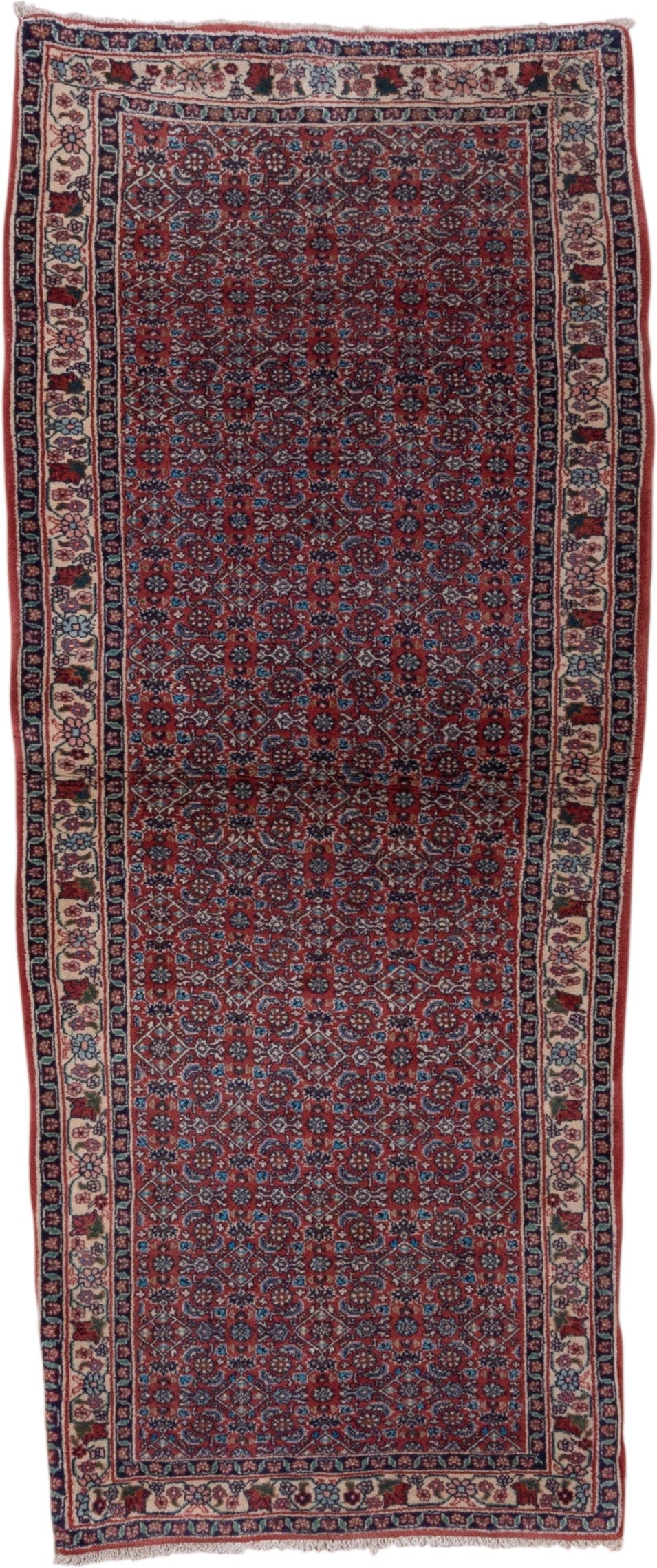 2' x 6' one-of-a-kind handmade vintage Bidjar runner rug. Color palette: rust, navy, ivory, crimson, slate, rose, terracotta