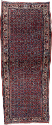 2' x 6' one-of-a-kind handmade vintage Bidjar runner rug. Color palette: rust, navy, ivory, crimson, slate, rose, terracotta