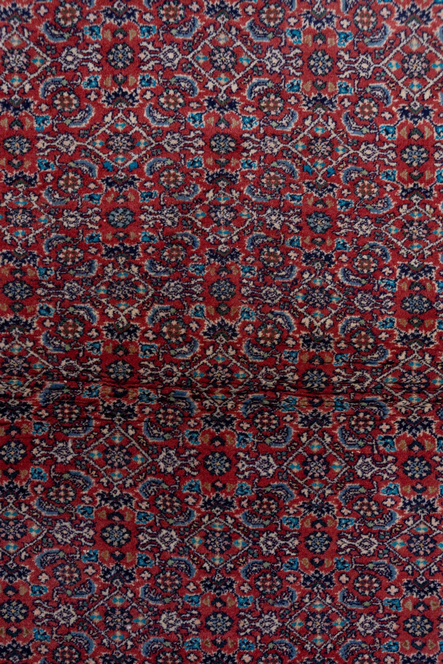 2' x 6' one-of-a-kind handmade vintage Bidjar runner rug. Color palette: rust, navy, ivory, crimson, slate, rose, terracotta