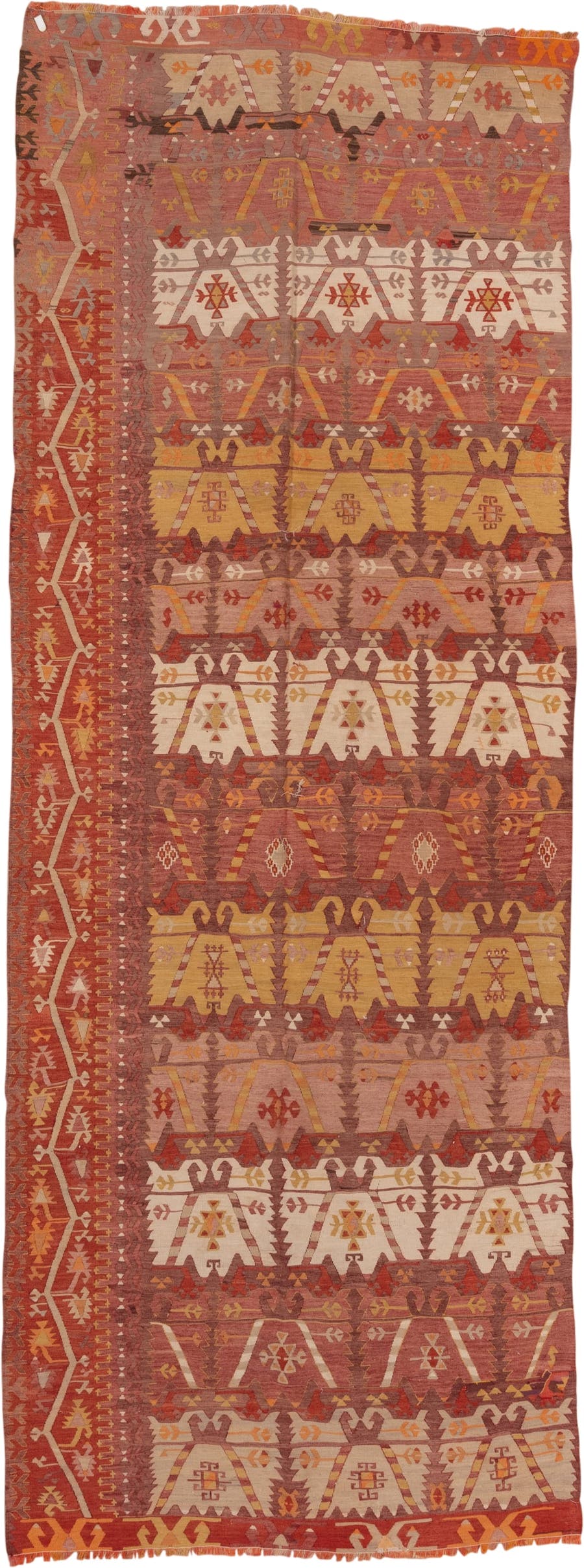 4' x 12' one-of-a-kind handmade vintage Kilim runner rug. Color palette: terra cotta, rust, rose, ivory, gold, sienna, camel