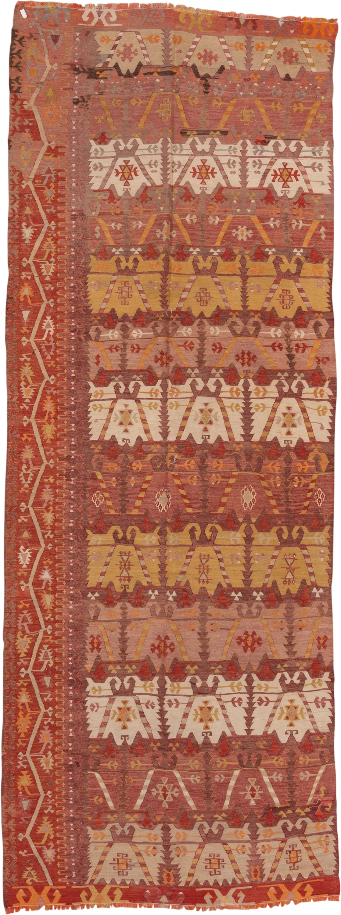 4' x 12' one-of-a-kind handmade vintage Kilim runner rug. Color palette: terra cotta, rust, rose, ivory, gold, sienna, camel