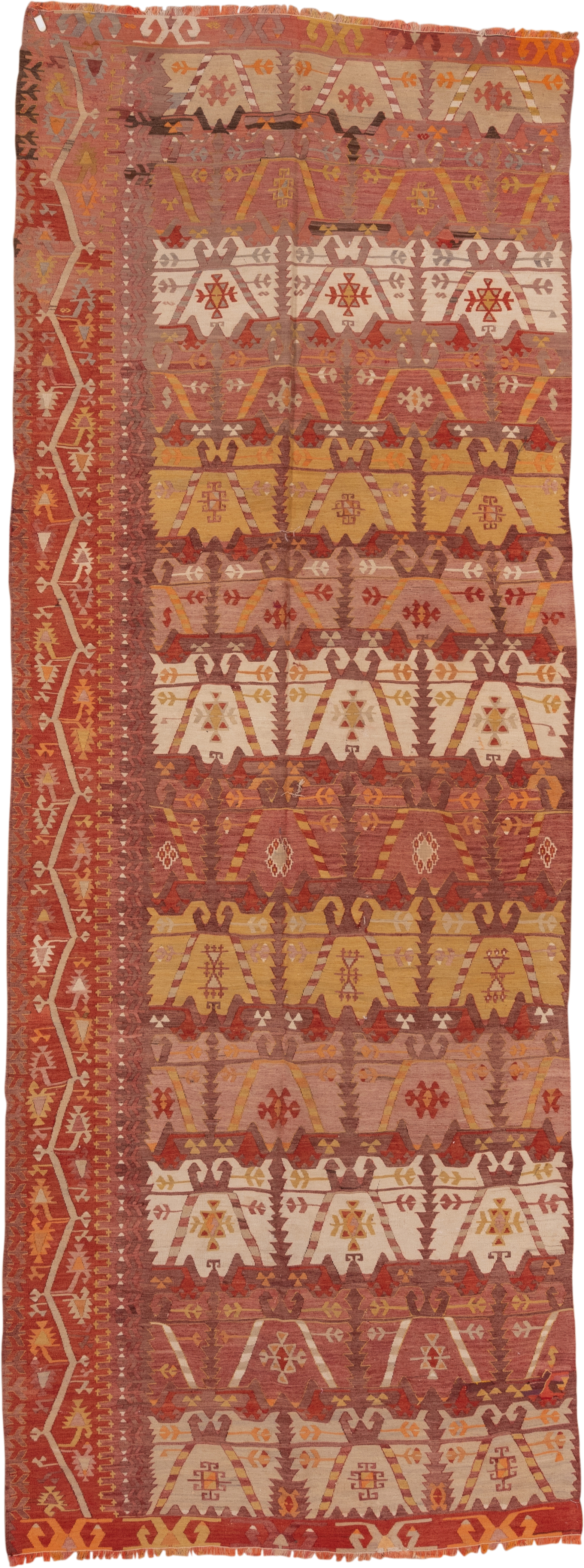 4' x 12' one-of-a-kind handmade vintage Kilim runner rug. Color palette: terra cotta, rust, rose, ivory, gold, sienna, camel