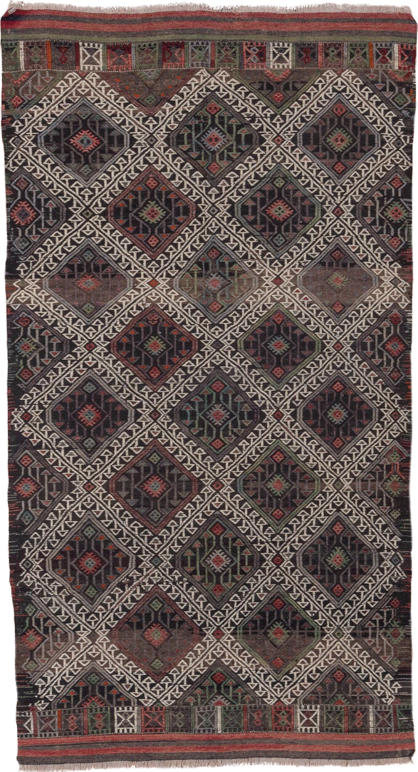 4' x 8' one-of-a-kind handmade vintage Jijim rug. Color palette: charcoal, ivory, rust, olive, taupe, rose, slate, gray