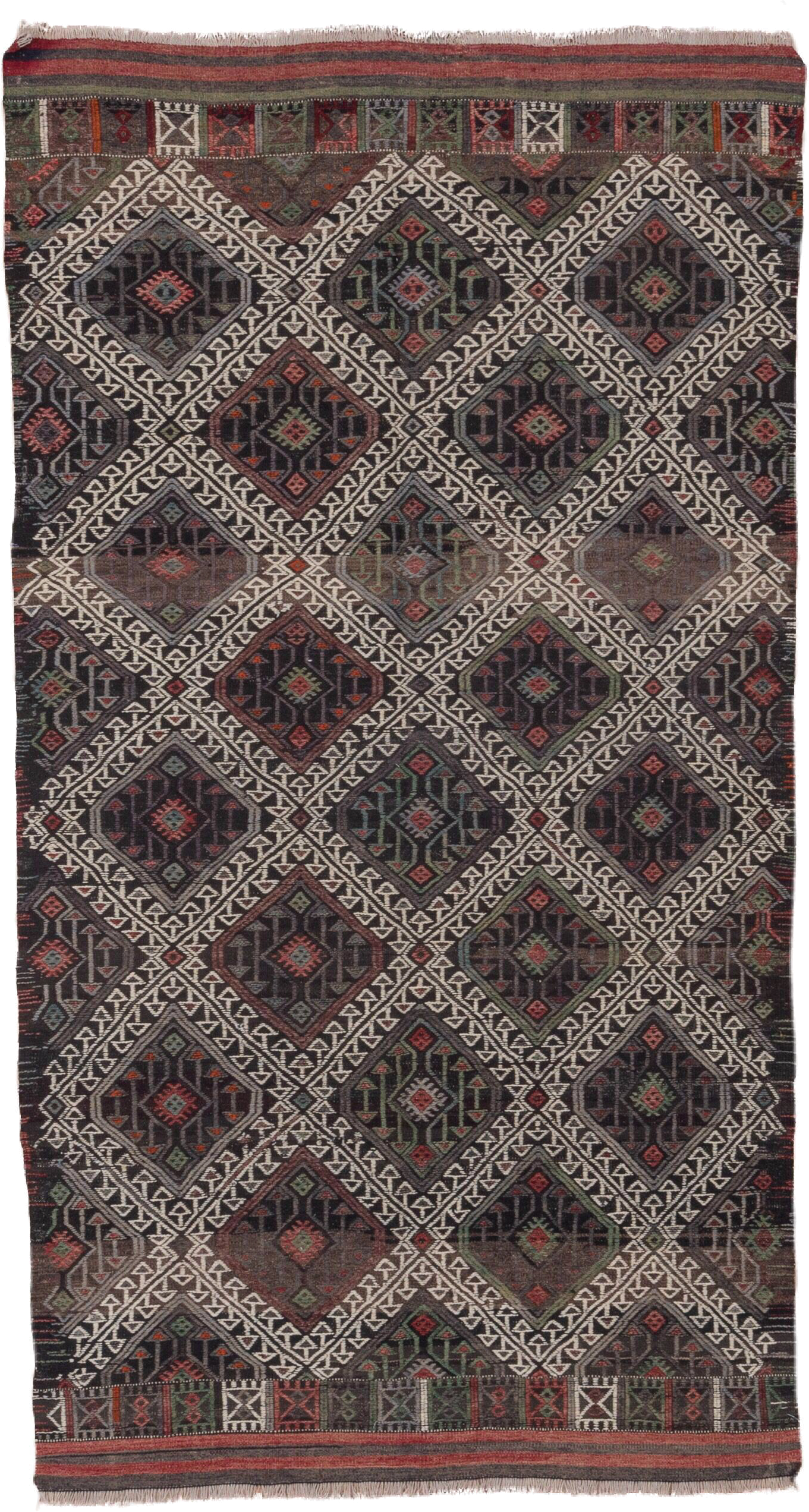 4' x 8' one-of-a-kind handmade vintage Jijim rug. Color palette: charcoal, ivory, rust, olive, taupe, rose, slate, gray