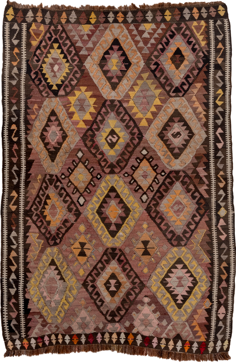 4' x 5' one-of-a-kind handmade vintage Kilim small size rug. Color palette: brown, rose, taupe, charcoal, gold, ivory