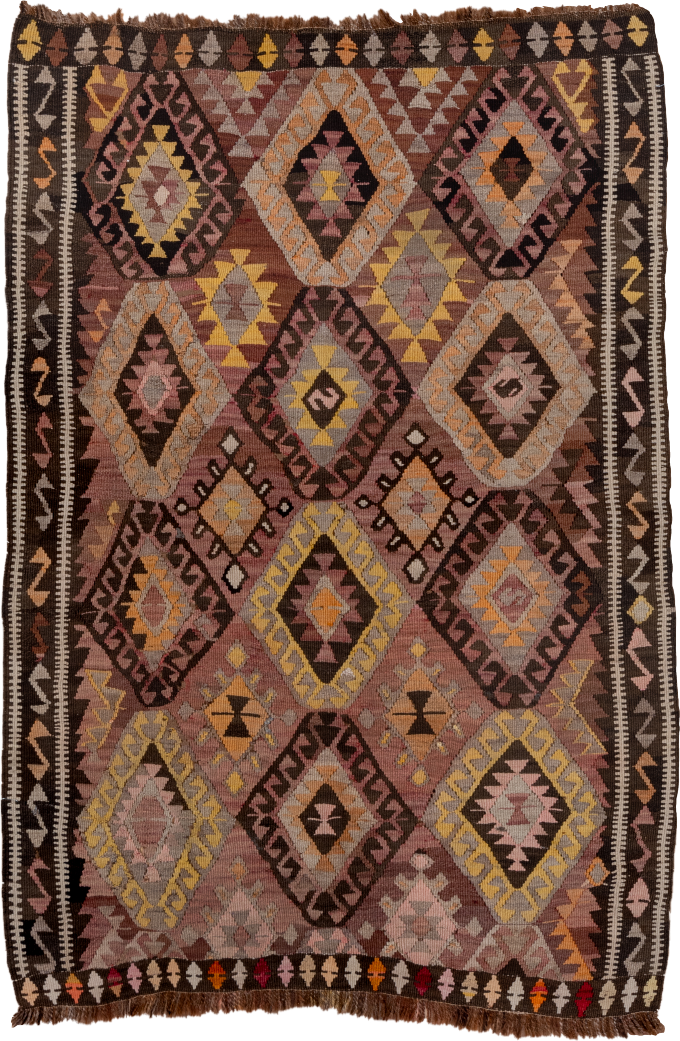 4' x 5' one-of-a-kind handmade vintage Kilim small size rug. Color palette: brown, rose, taupe, charcoal, gold, ivory