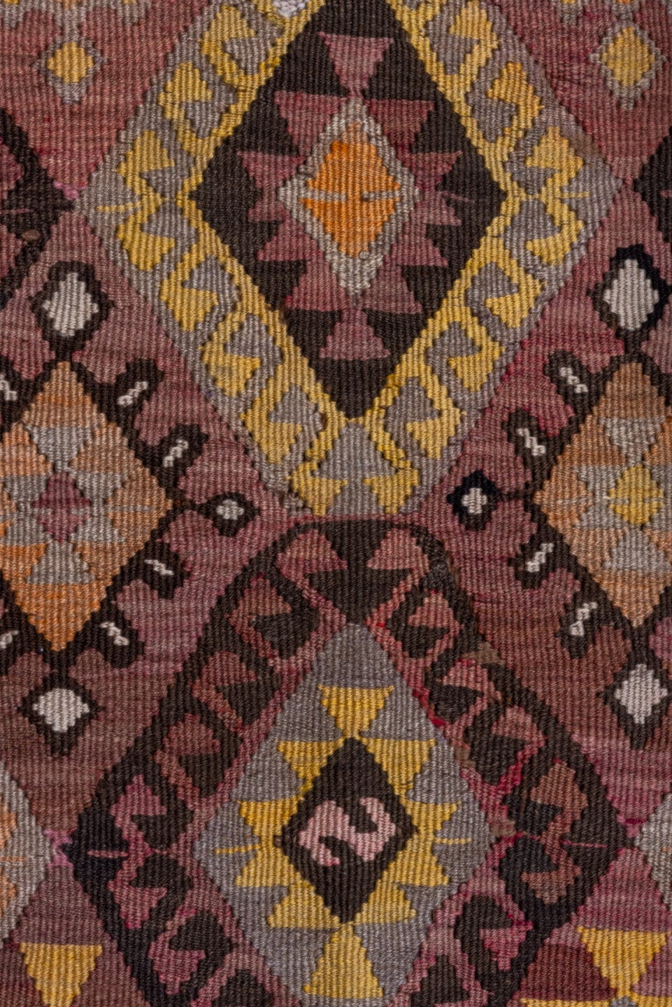 4' x 5' one-of-a-kind handmade vintage Kilim small size rug. Color palette: brown, rose, taupe, charcoal, gold, ivory