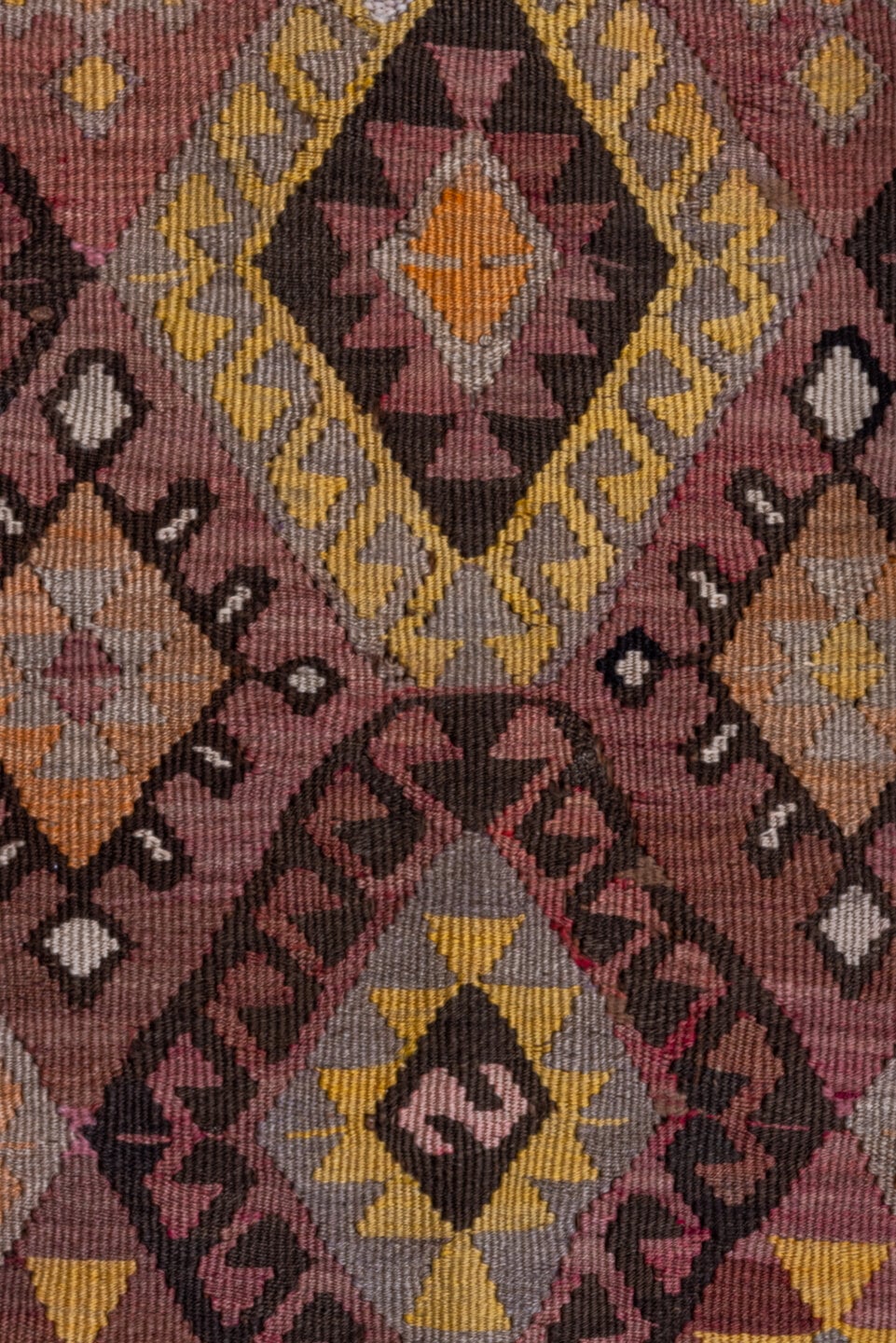 4' x 5' one-of-a-kind handmade vintage Kilim small size rug. Color palette: brown, rose, taupe, charcoal, gold, ivory