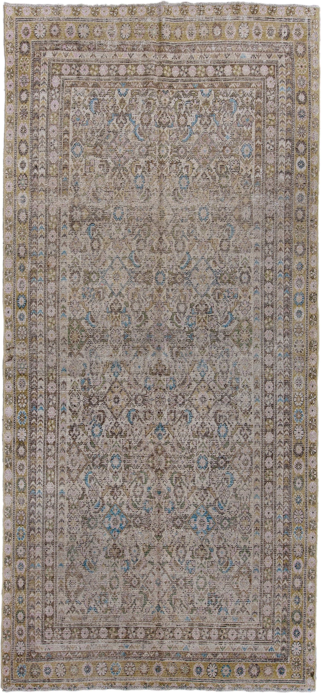 5' x 12' one-of-a-kind handmade antique Malayer rug. Color palette: taupe, ivory, olive, pale blue, beige, brown, gray
