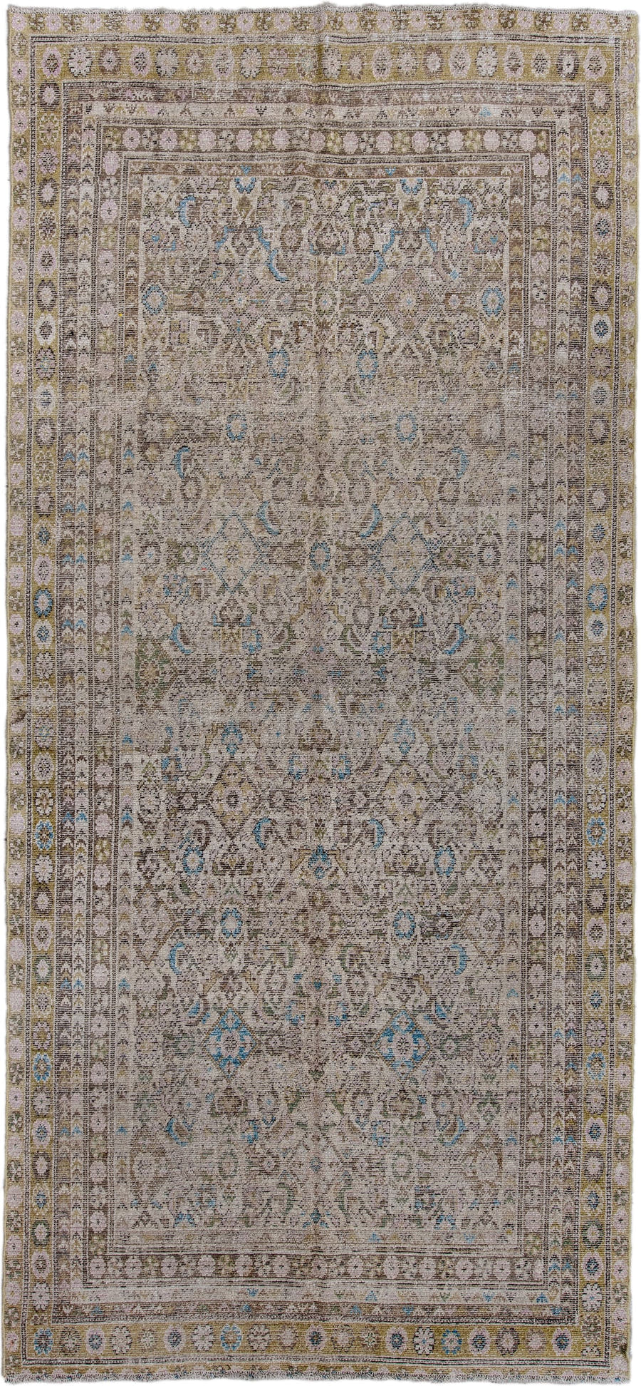 5' x 12' one-of-a-kind handmade antique Malayer rug. Color palette: taupe, ivory, olive, pale blue, beige, brown, gray