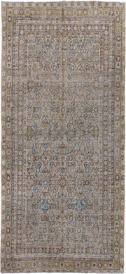 5' x 12' one-of-a-kind handmade antique Malayer rug. Color palette: taupe, ivory, olive, pale blue, beige, brown, gray