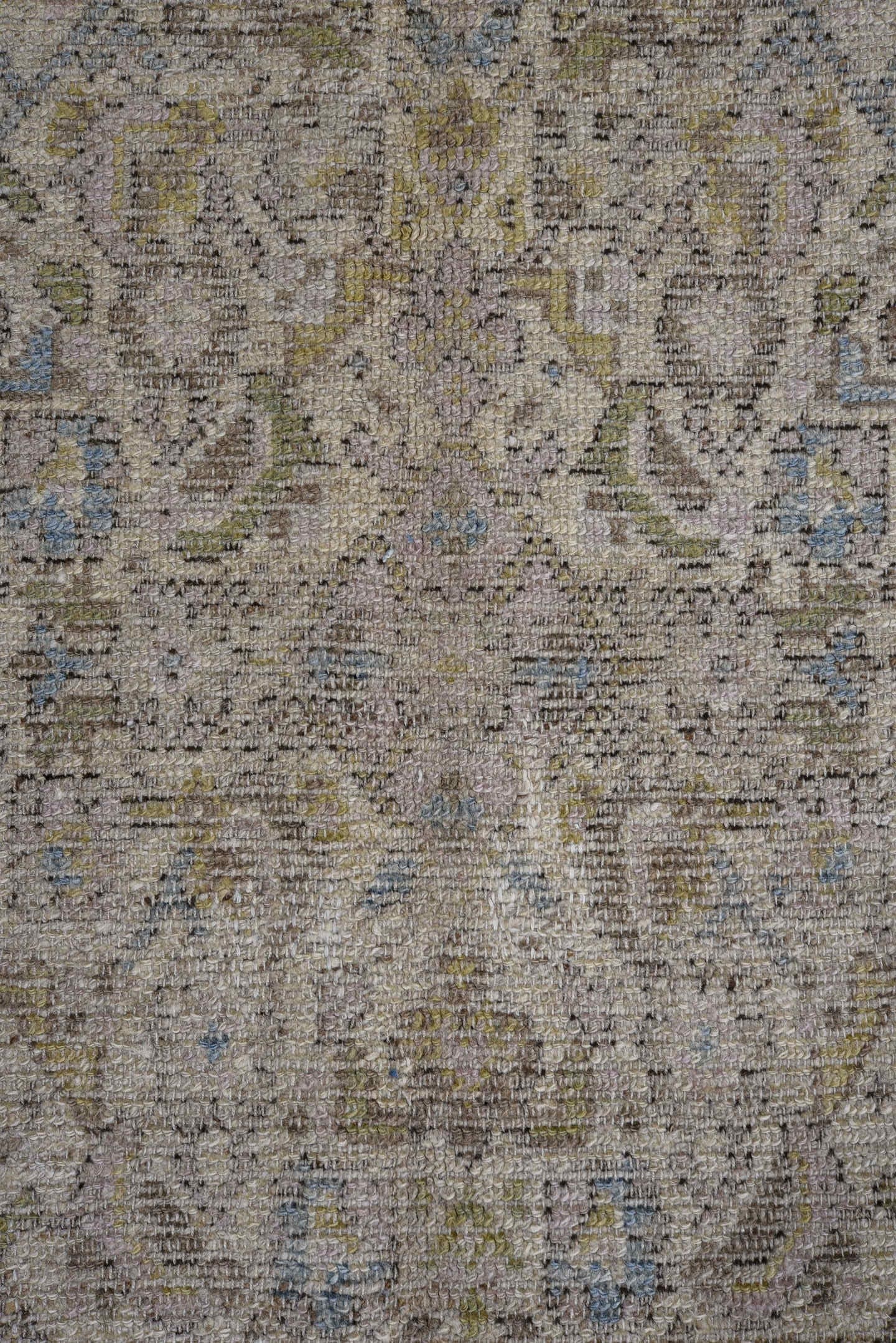 5' x 12' one-of-a-kind handmade antique Malayer rug. Color palette: taupe, ivory, olive, pale blue, beige, brown, gray