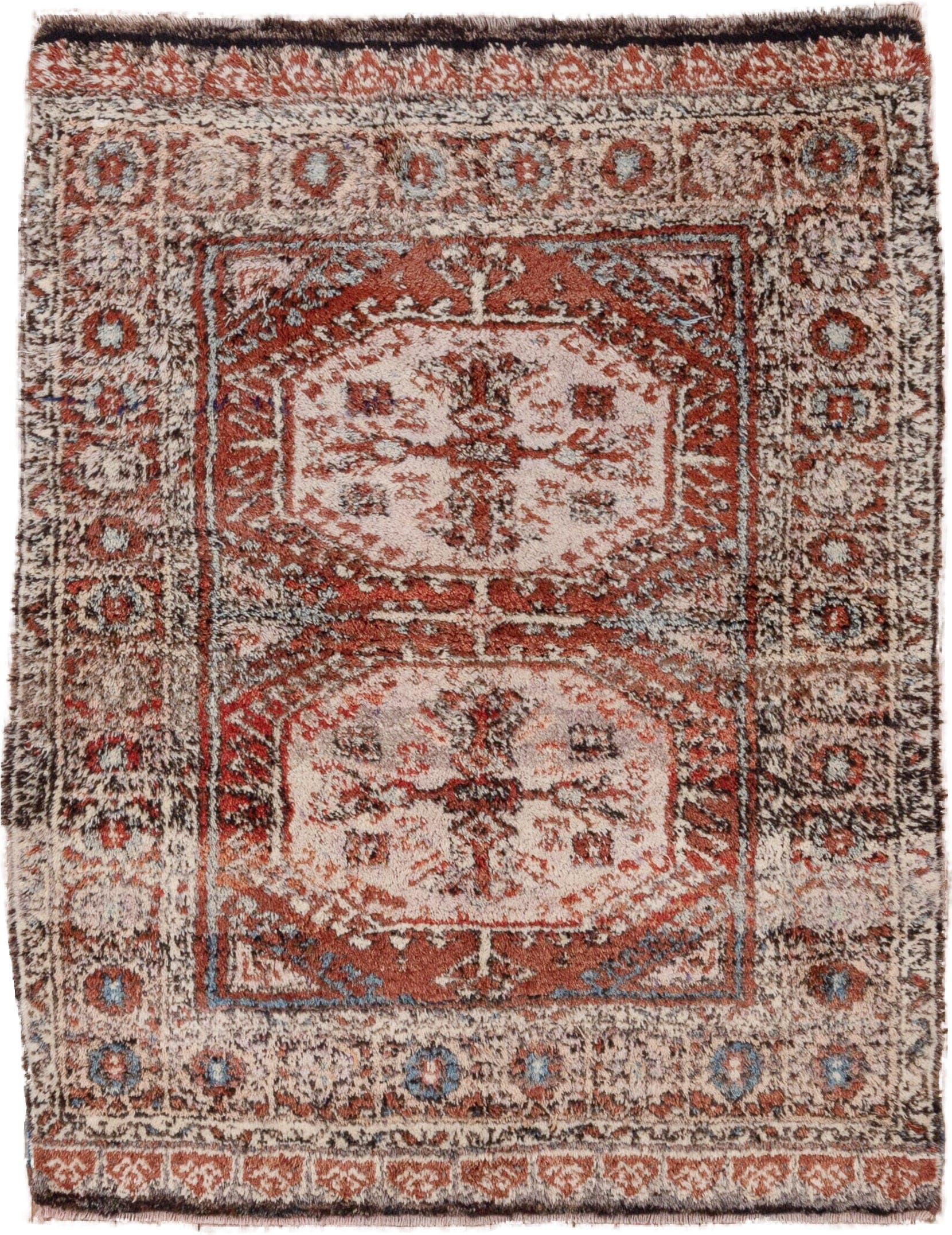 4' x 5' one-of-a-kind handmade vintage Tulu small size rug. Color palette: ivory, rust, charcoal, soft blue, terracotta
