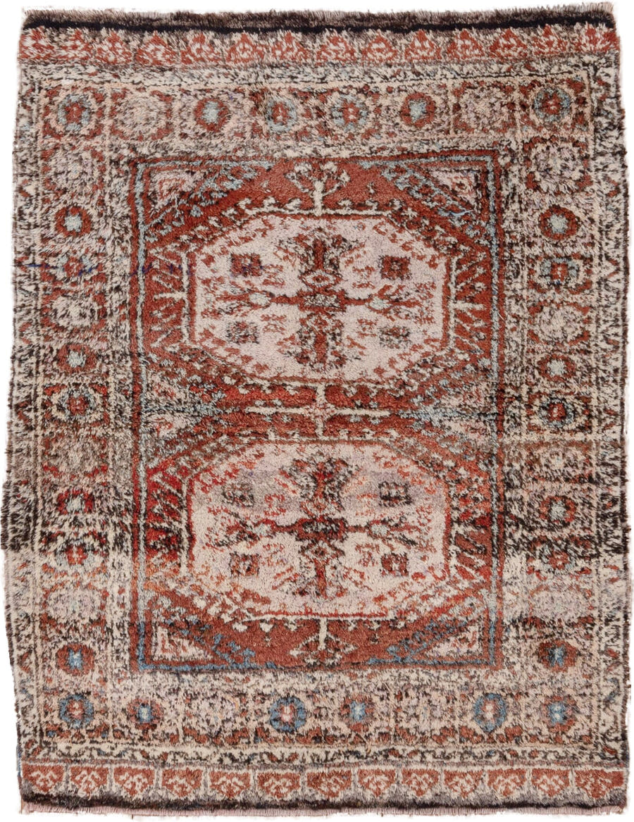 4' x 5' one-of-a-kind handmade vintage Tulu small size rug. Color palette: ivory, rust, charcoal, soft blue, terracotta
