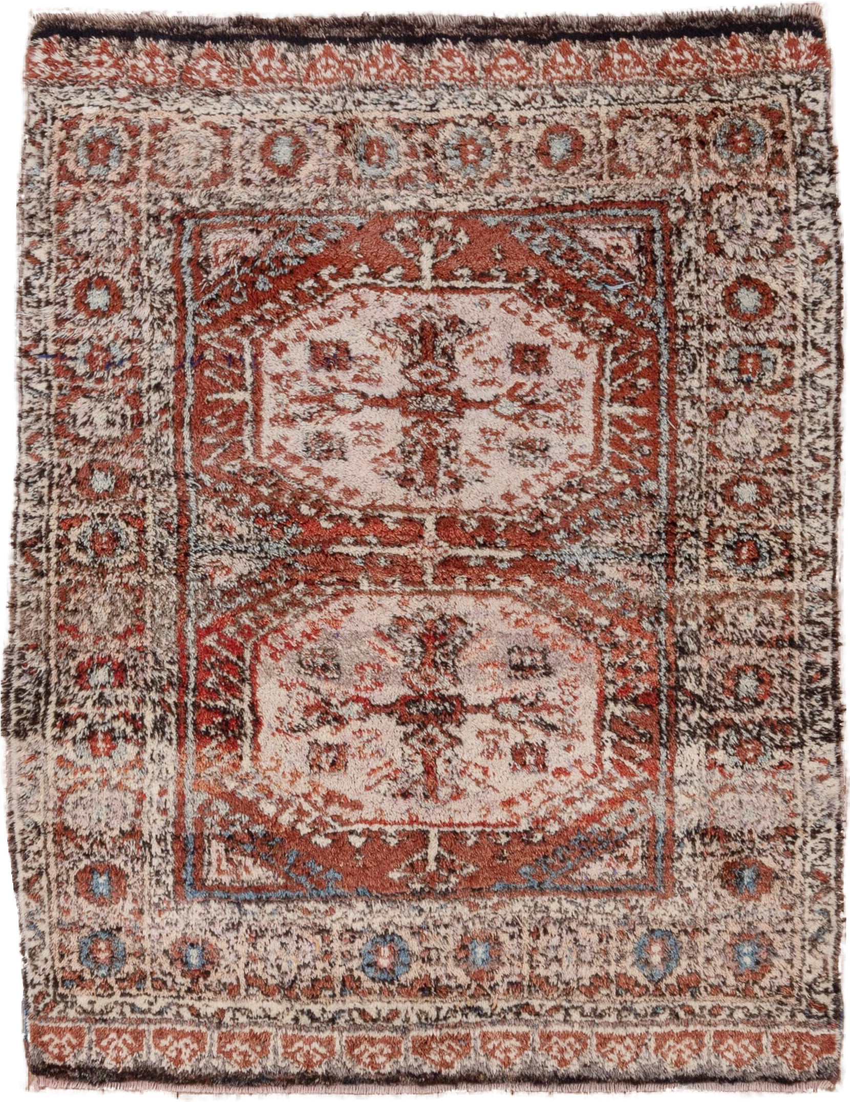 4' x 5' one-of-a-kind handmade vintage Tulu small size rug. Color palette: ivory, rust, charcoal, soft blue, terracotta