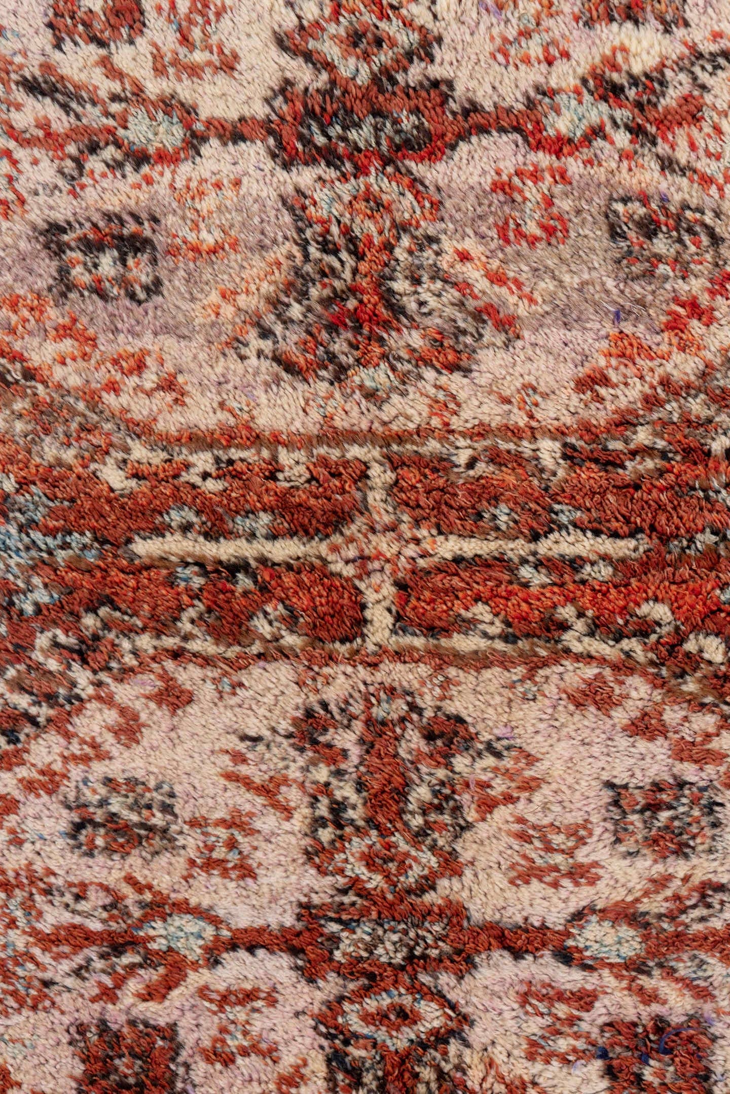4' x 5' one-of-a-kind handmade vintage Tulu small size rug. Color palette: ivory, rust, charcoal, soft blue, terracotta