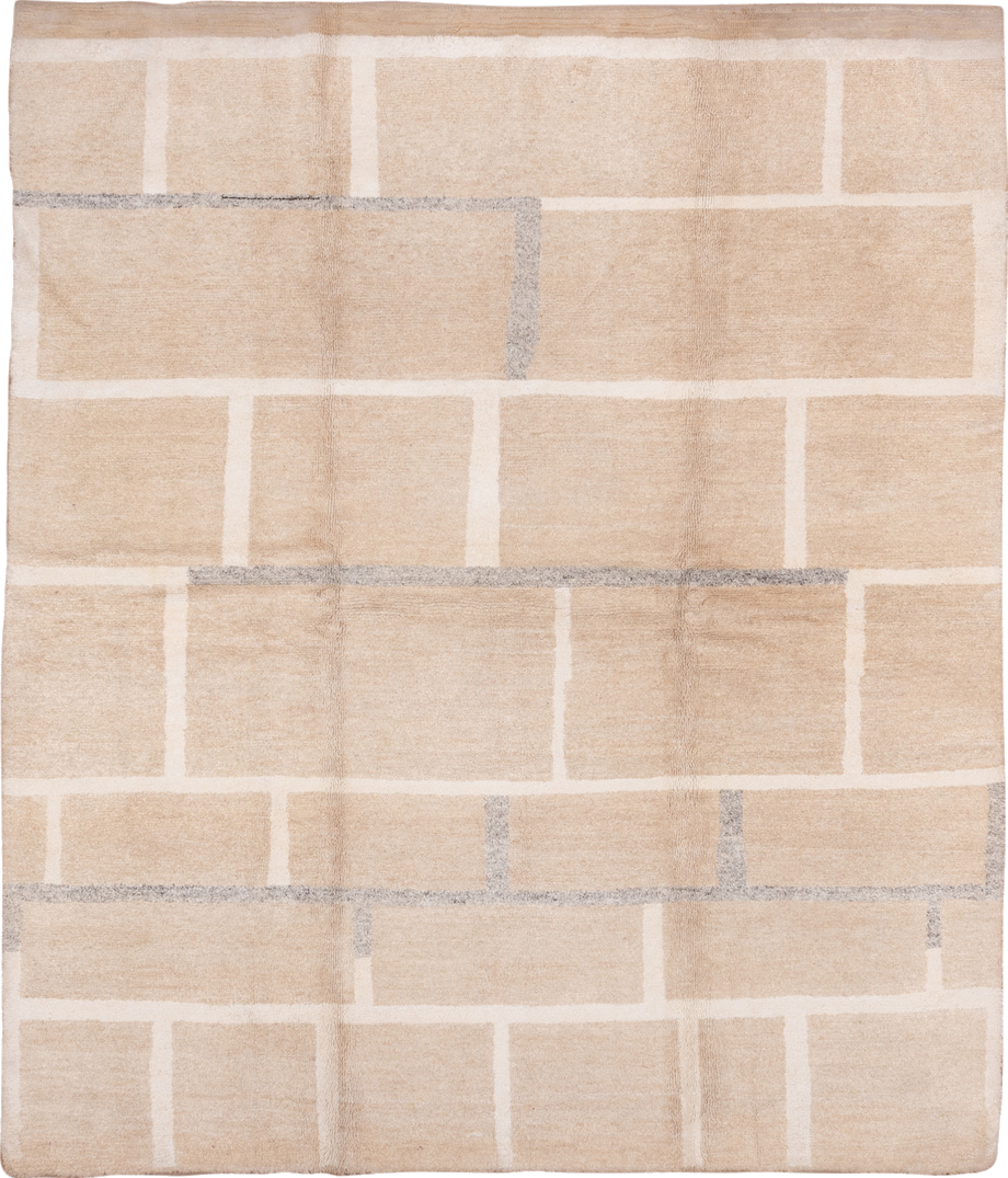 8' x 9' one-of-a-kind handmade vintage Contemporary rug. Color palette: brown, gray, light gray, off-white, orange, pink