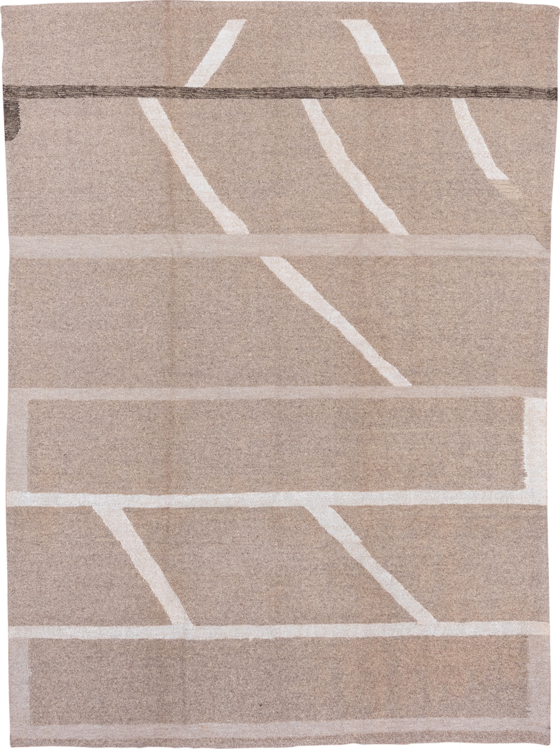 7' x 9' one-of-a-kind handmade vintage Kilim rug. Color palette: taupe, ivory, beige, charcoal, cream, gray, black