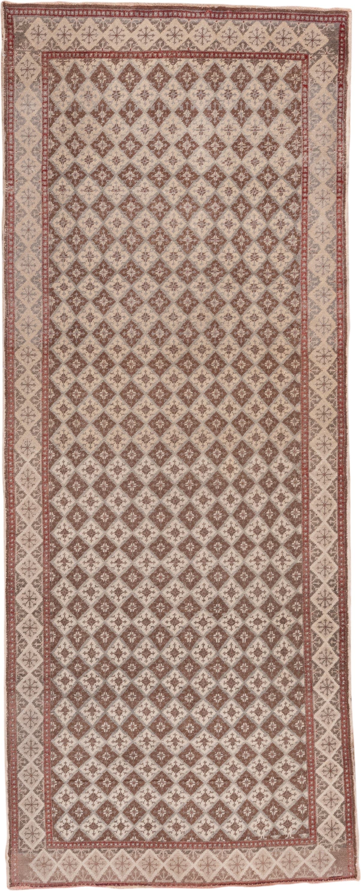 3' x 9' one-of-a-kind handmade vintage Oushak runner rug. Color palette: ivory, rose, taupe, dusty pink, beige, pink, red