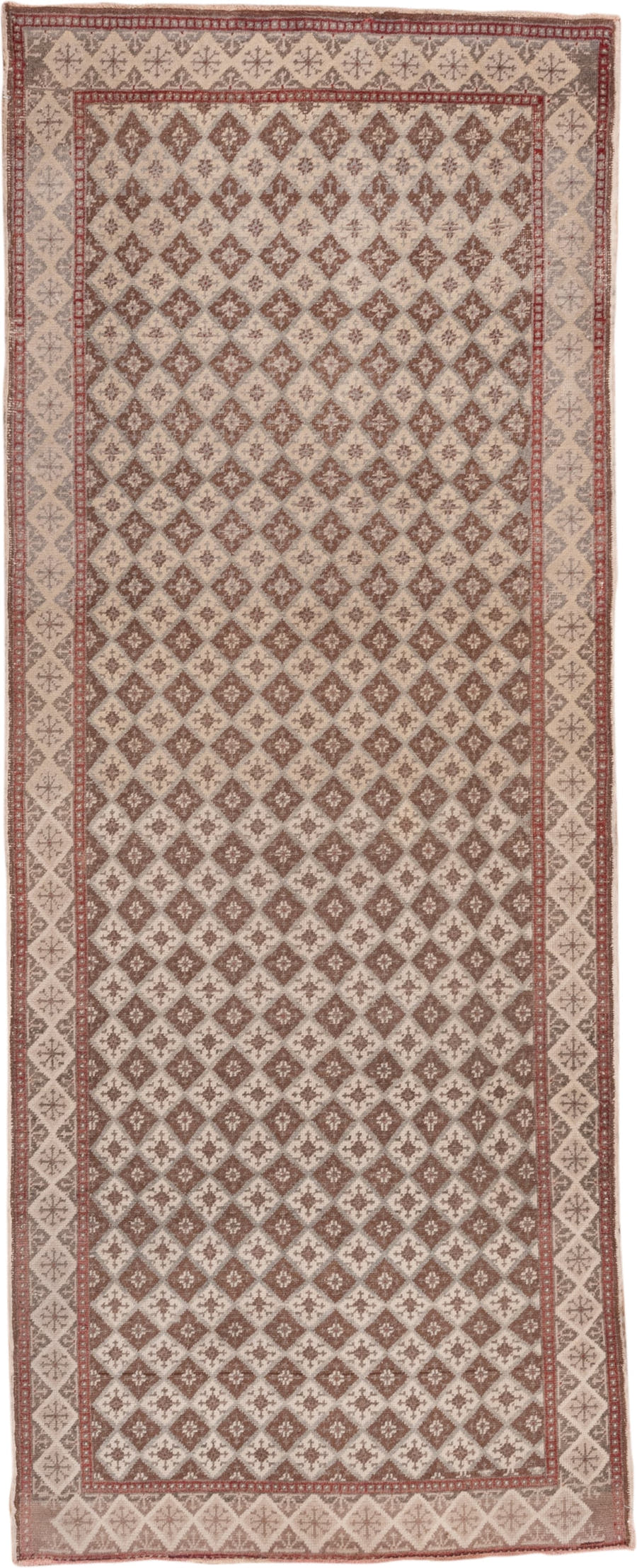 3' x 9' one-of-a-kind handmade vintage Oushak runner rug. Color palette: ivory, rose, taupe, dusty pink, beige, pink, red