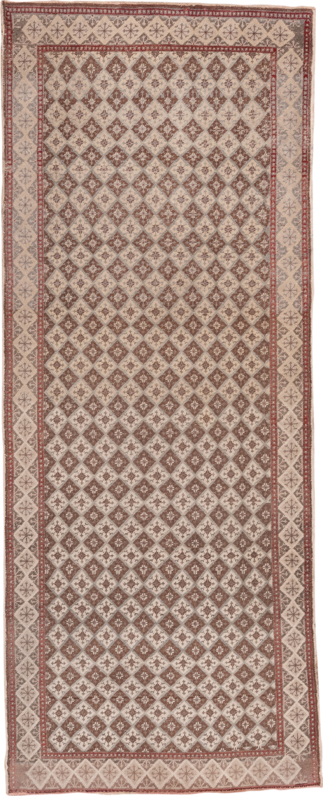 3' x 9' one-of-a-kind handmade vintage Oushak runner rug. Color palette: ivory, rose, taupe, dusty pink, beige, pink, red