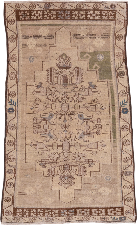 3' x 5' one-of-a-kind handmade vintage Oushak small size rug. Color palette: beige, brown, ivory, taupe, sage, blue, camel