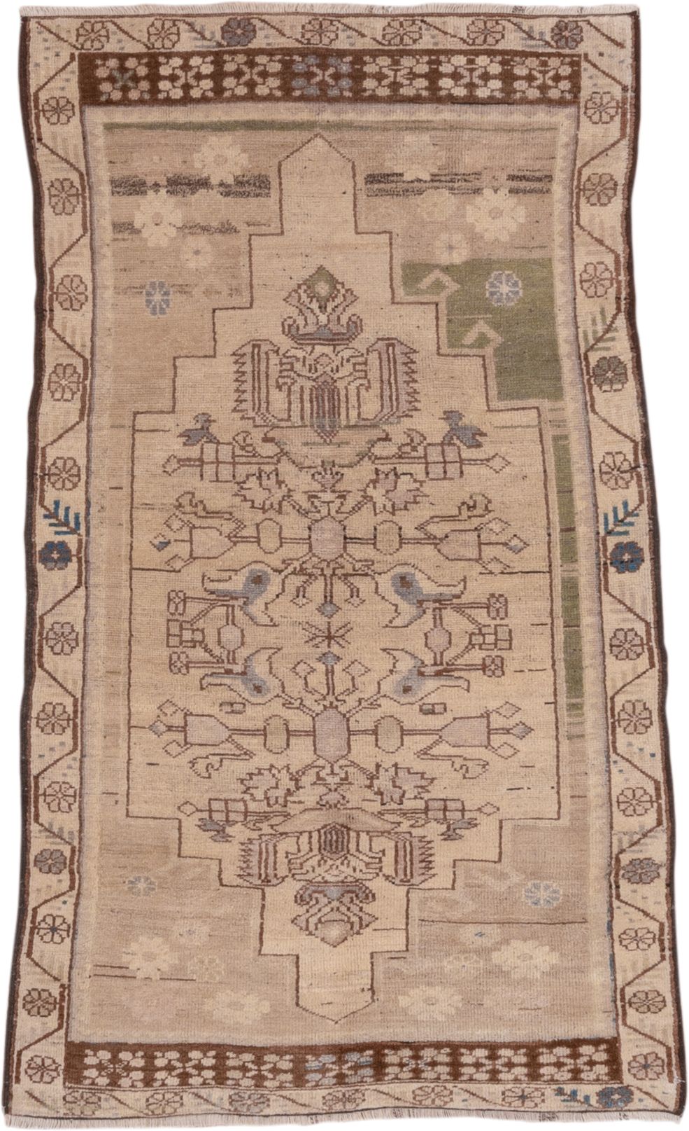 3' x 5' one-of-a-kind handmade vintage Oushak small size rug. Color palette: beige, brown, ivory, taupe, sage, blue, camel