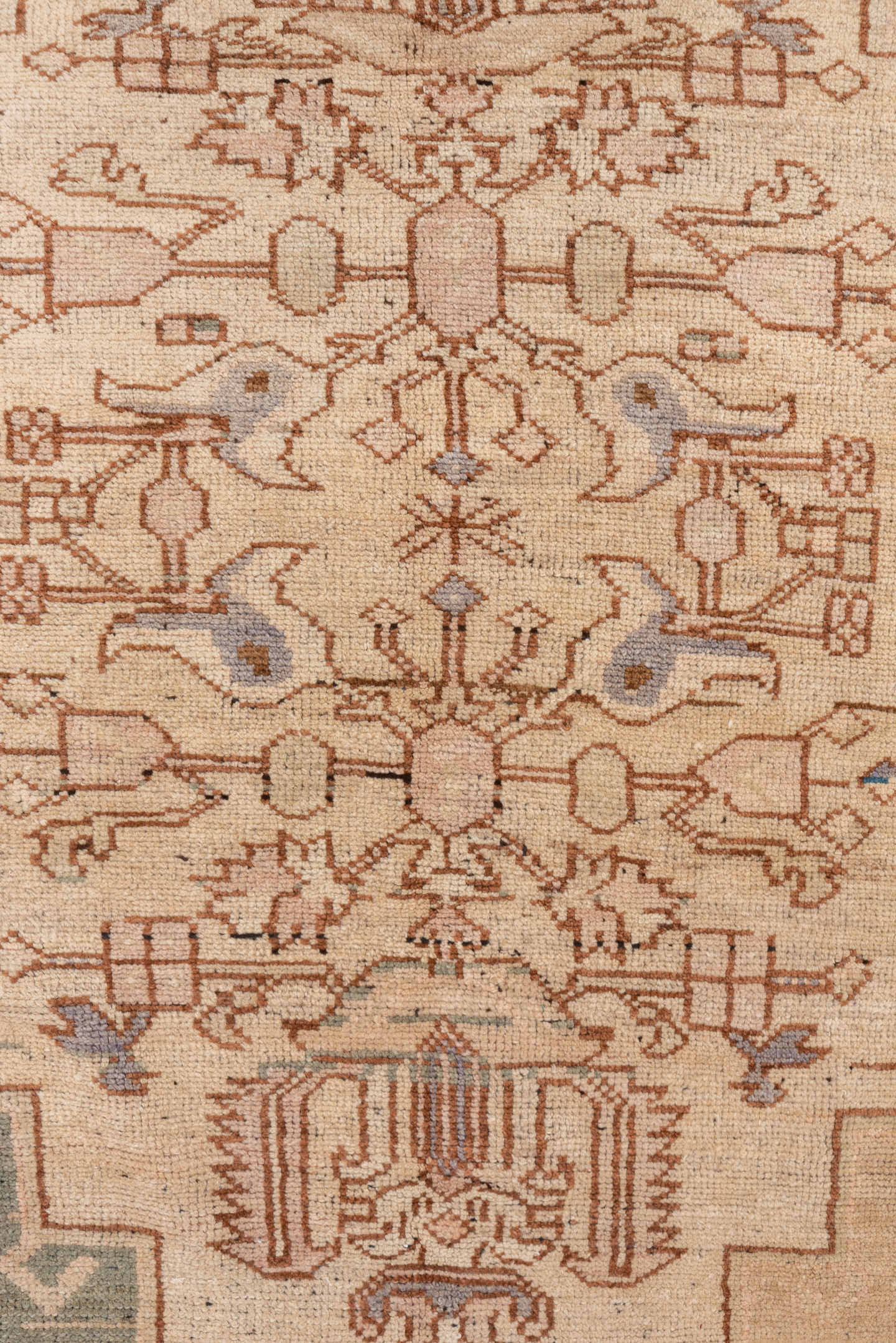 3' x 5' one-of-a-kind handmade vintage Oushak small size rug. Color palette: beige, brown, ivory, taupe, sage, blue, camel