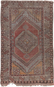 3' x 5' one-of-a-kind handmade vintage Oushak small size rug. Color palette: terracotta, ivory, taupe, brown, muted gold