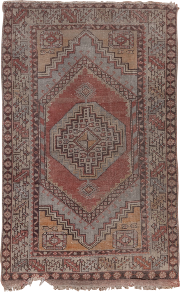 3' x 5' one-of-a-kind handmade vintage Oushak small size rug. Color palette: terracotta, ivory, taupe, brown, muted gold