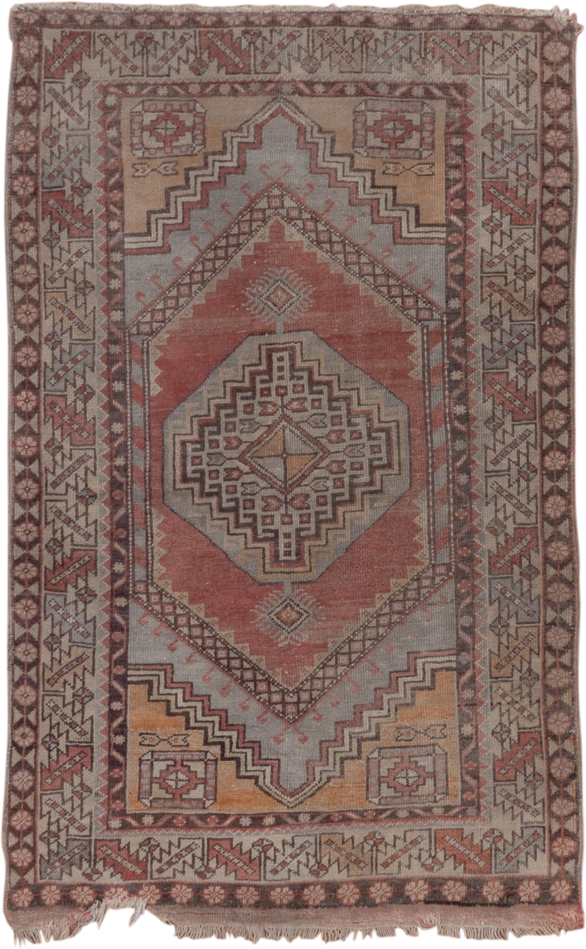 3' x 5' one-of-a-kind handmade vintage Oushak small size rug. Color palette: terracotta, ivory, taupe, brown, muted gold