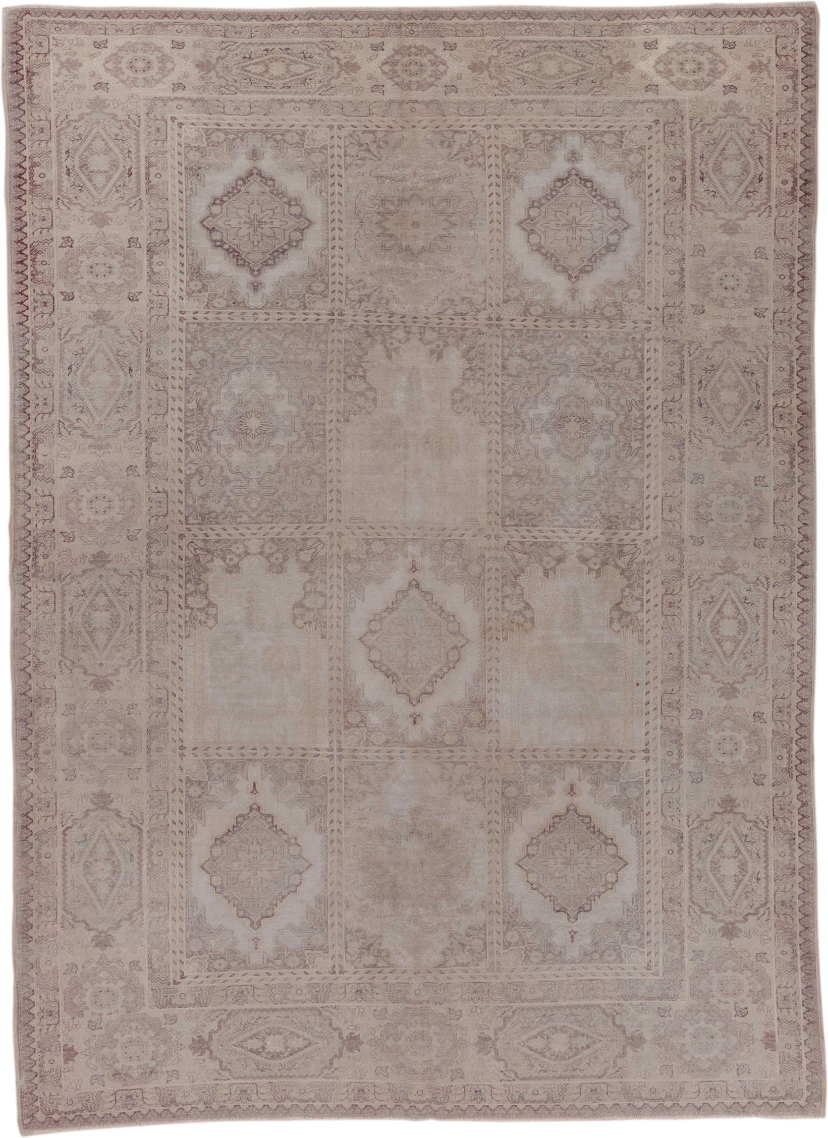 5' x 7' one-of-a-kind handmade vintage Oushak rug. Color palette: taupe, ivory, dusty_rose, beige, blush, stone, gray, pink