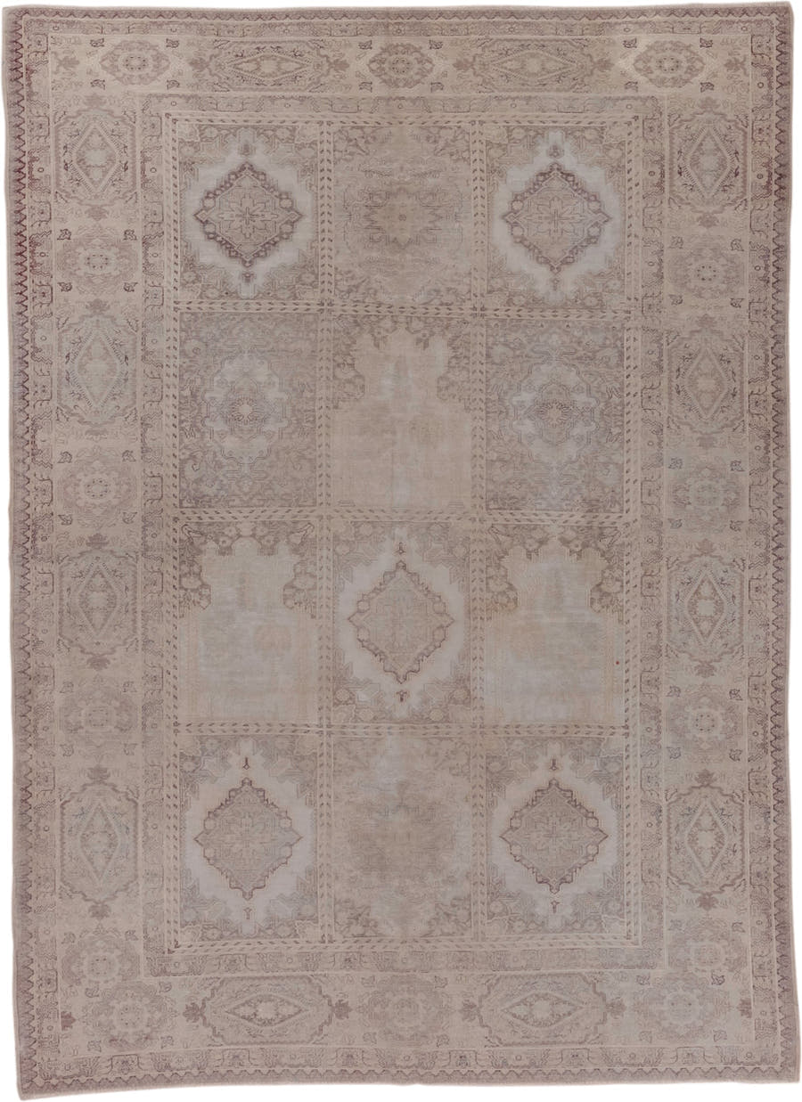 5' x 7' one-of-a-kind handmade vintage Oushak rug. Color palette: taupe, ivory, dusty_rose, beige, blush, stone, gray, pink