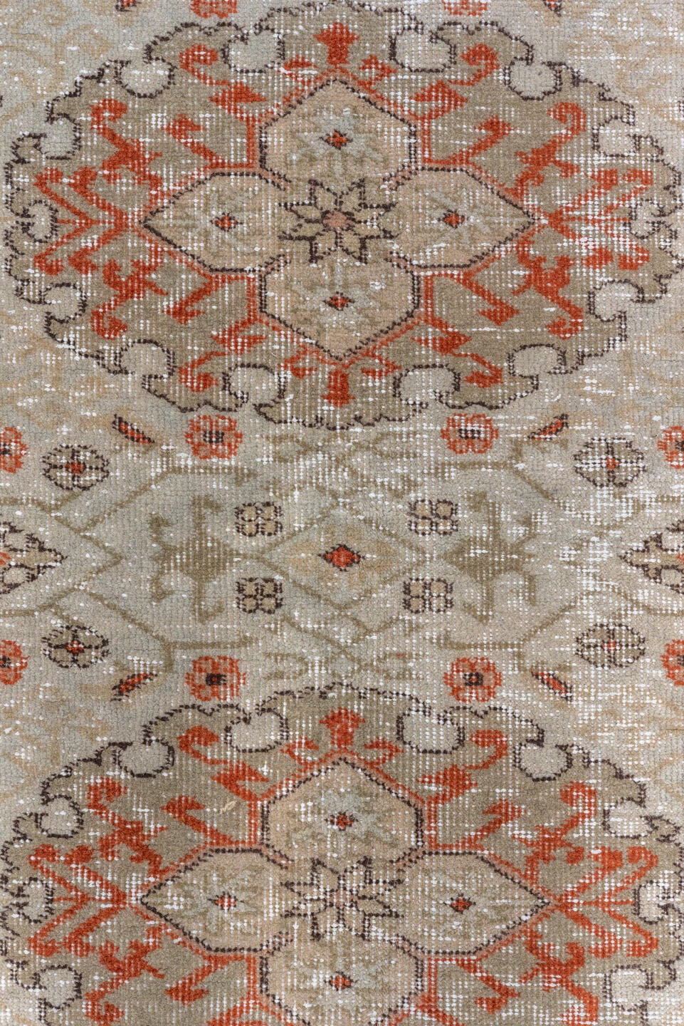5' x 7' one-of-a-kind handmade vintage Oushak rug. Color palette: ivory, rust, taupe, terra cotta, beige, sage, brown