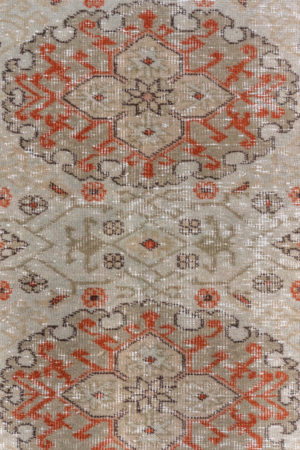 5' x 7' one-of-a-kind handmade vintage Oushak rug. Color palette: ivory, rust, taupe, terra cotta, beige, sage, brown