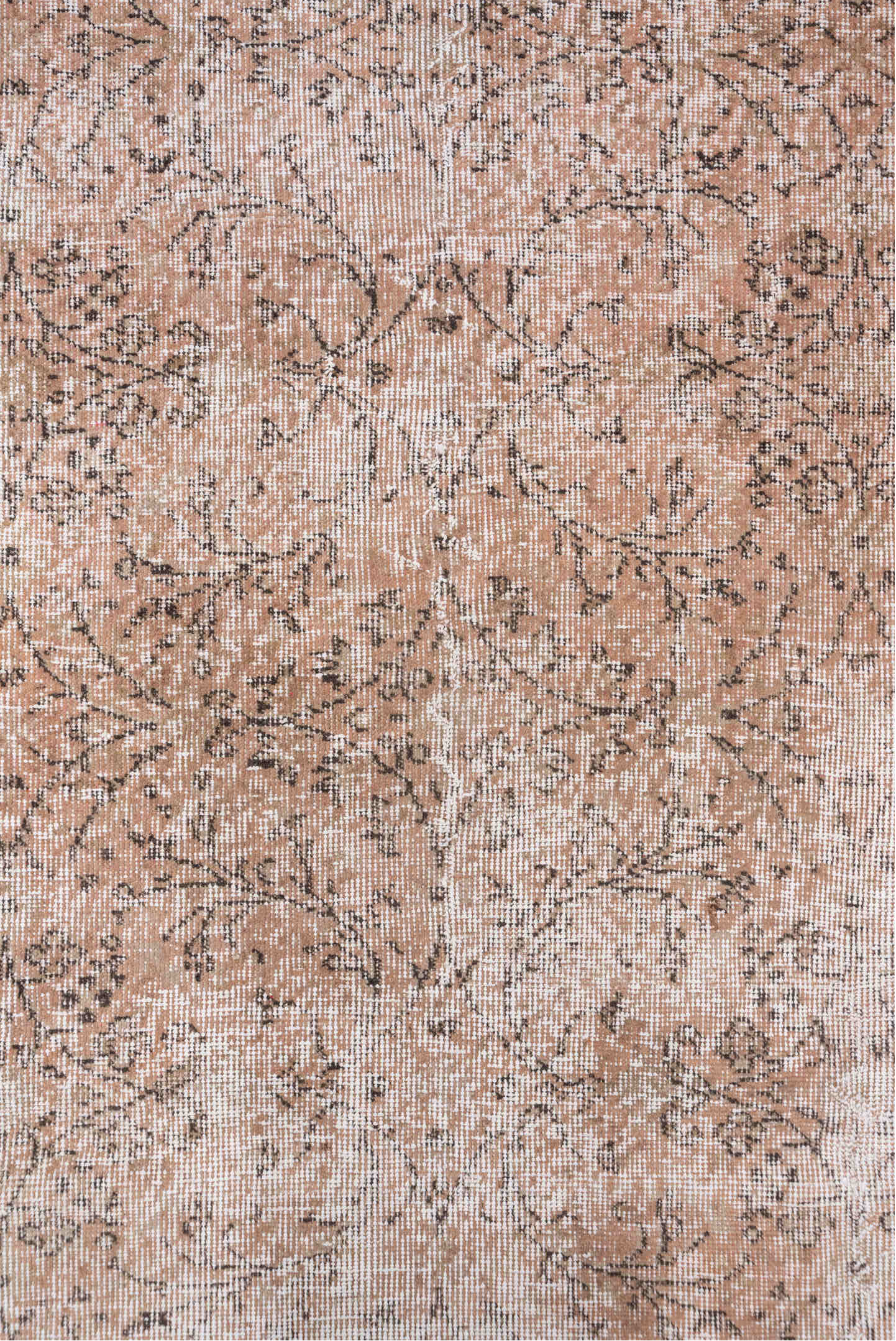 7' x 10' one-of-a-kind handmade vintage Kaisary large size rug. Color palette: blush, taupe, ivory, rose, camel, charcoal
