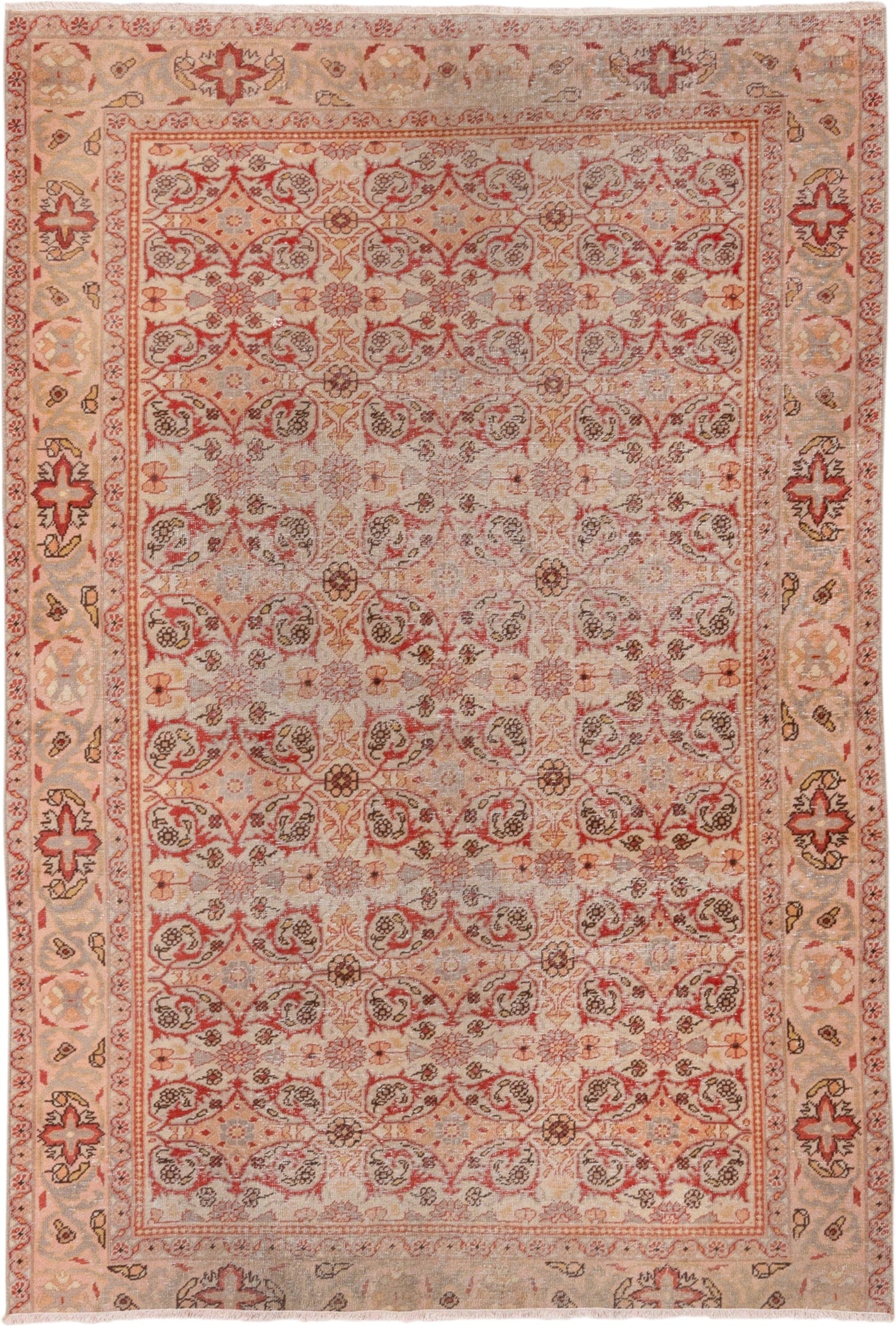4' x 5' one-of-a-kind handmade vintage Oushak small size rug. Color palette: ivory, blush, coral, taupe, sage, camel, pink