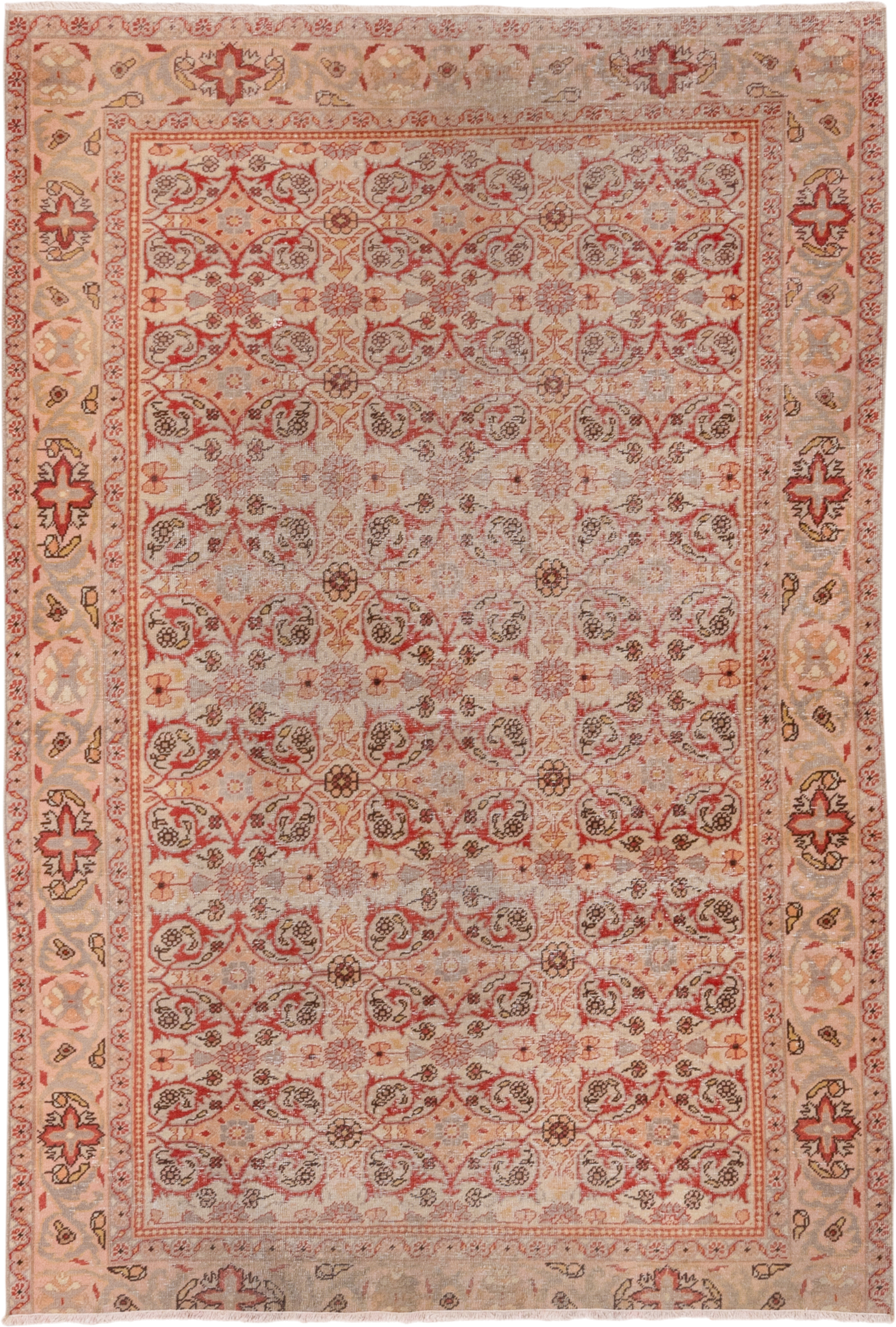 4' x 5' one-of-a-kind handmade vintage Oushak small size rug. Color palette: ivory, blush, coral, taupe, sage, camel, pink