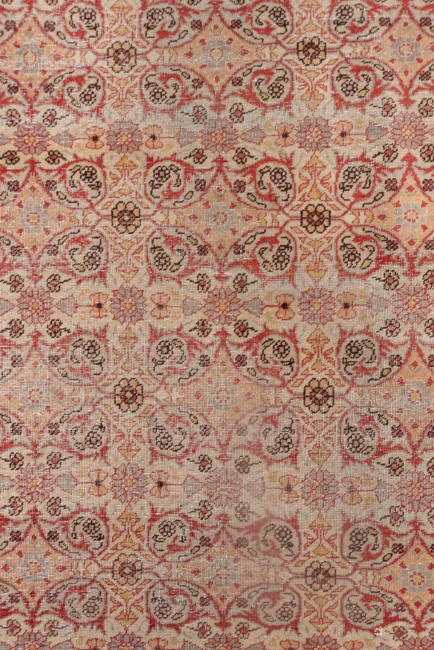 4' x 5' one-of-a-kind handmade vintage Oushak small size rug. Color palette: ivory, blush, coral, taupe, sage, camel, pink