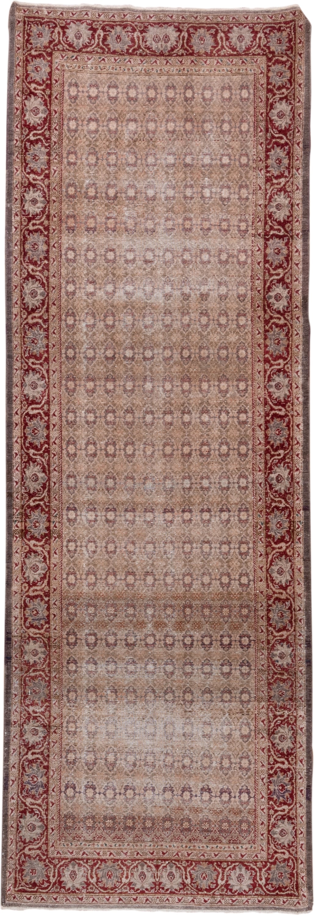3' x 10' one-of-a-kind handmade vintage Sivas runner rug. Color palette: rose, ivory, rust, taupe, burgundy, beige, pink