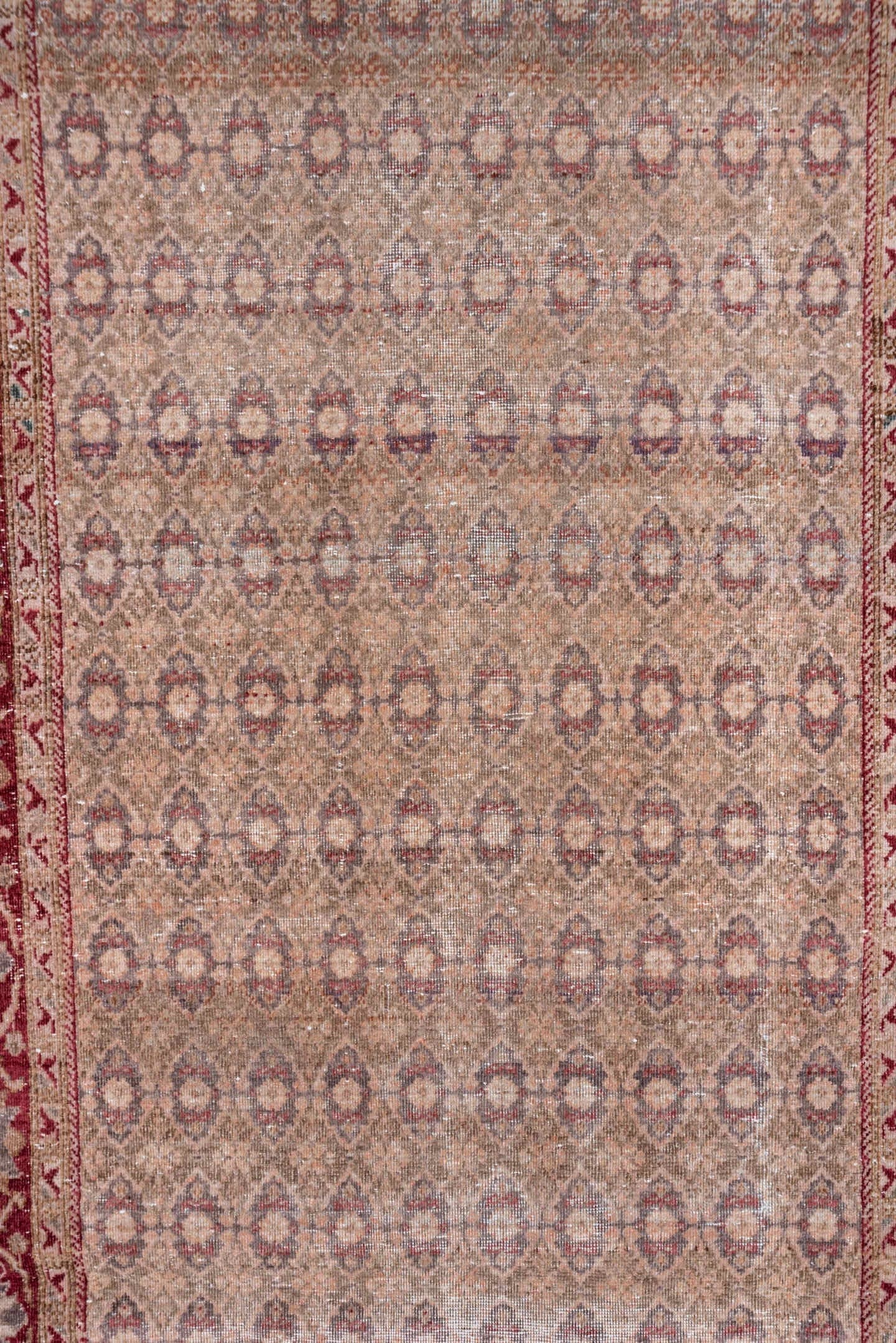 3' x 10' one-of-a-kind handmade vintage Sivas runner rug. Color palette: rose, ivory, rust, taupe, burgundy, beige, pink
