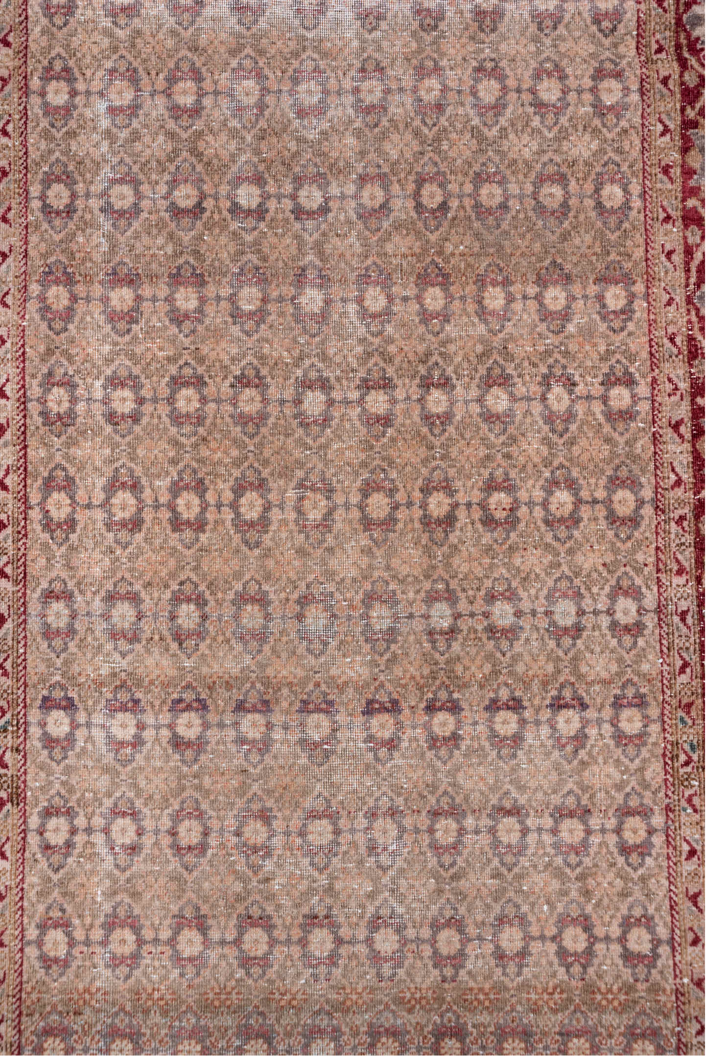 3' x 10' one-of-a-kind handmade vintage Sivas runner rug. Color palette: brown, gray, light gray, off-white, pink, red