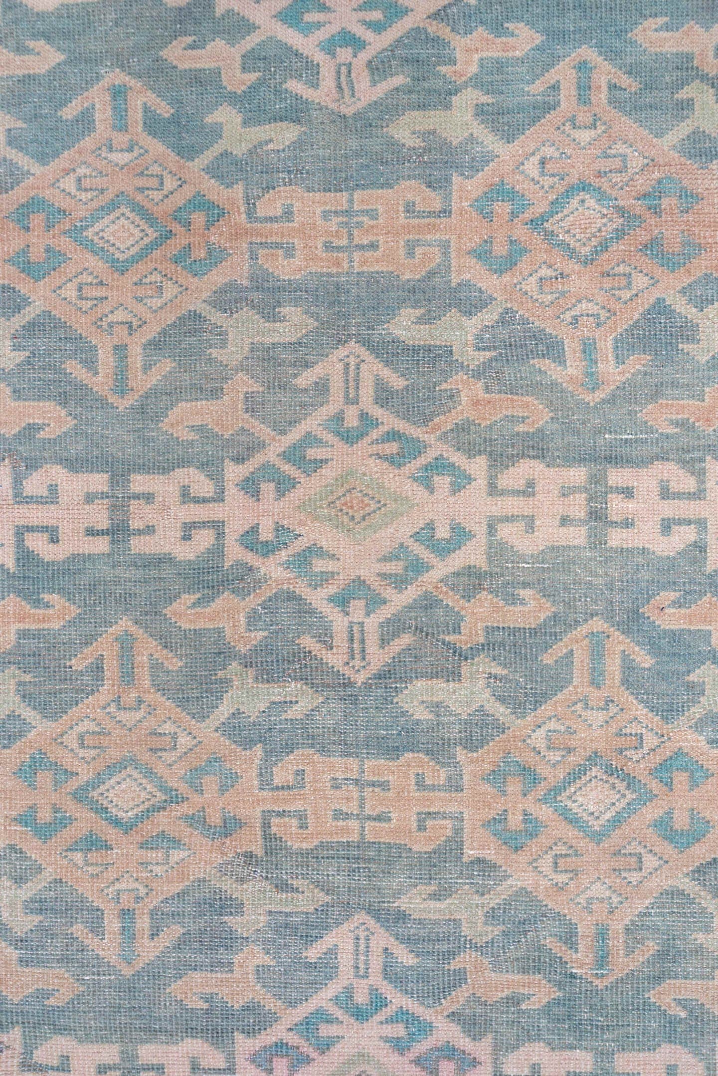 4' x 11' one-of-a-kind handmade vintage Oushak runner rug. Color palette: blue, blush, ivory, taupe, sage, pink, beige, gray