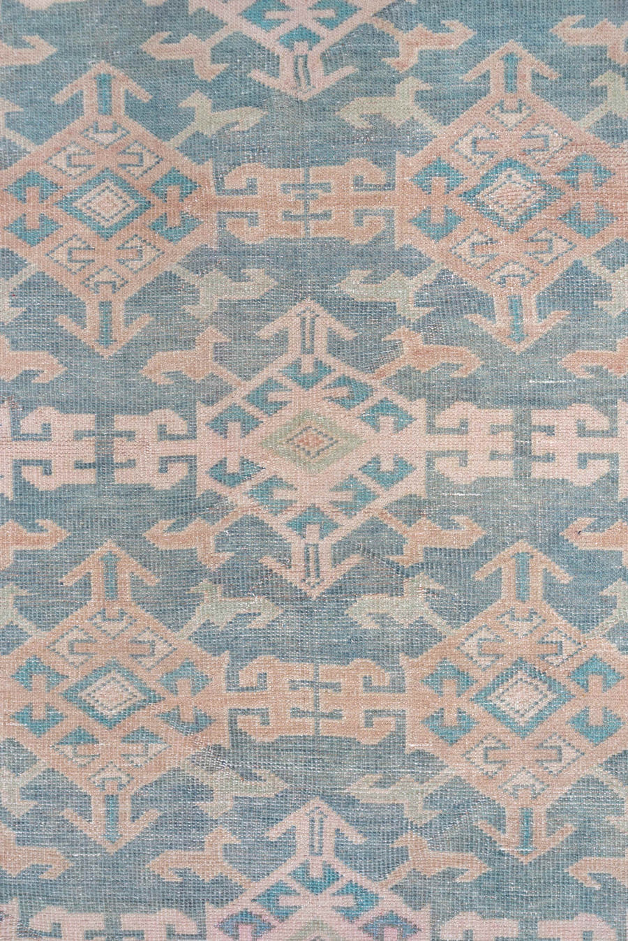 4' x 11' one-of-a-kind handmade vintage Oushak runner rug. Color palette: blue, blush, ivory, taupe, sage, pink, beige, gray